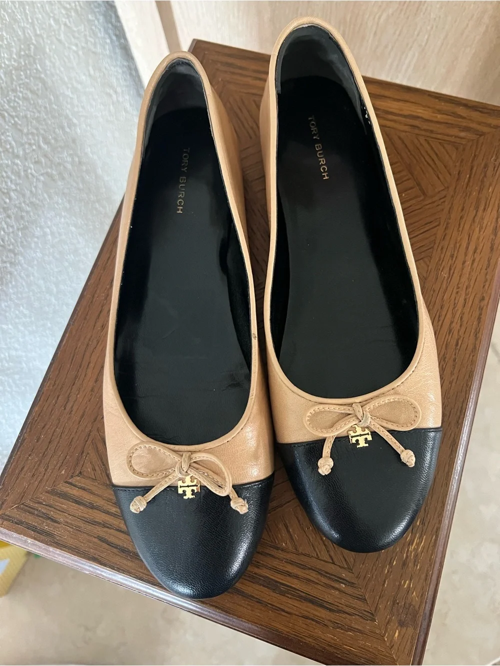 Tory Burch Ginger Shortbread & Black Cap-Toe Ballet Flats